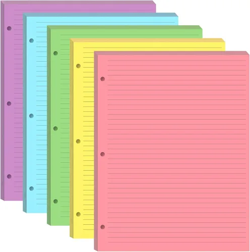 Papel rayado colorido de 3 agujeros, 100 hojas/200 páginas, recambios de líneas de papel de hojas sueltas, 20 hojas por color, 8.5 x 11 pulgadas