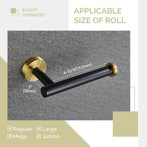 Miniatura 7 de Soporte de papel higiénico negro y dorado, colgador de papel higiénico de acero inoxidable para baño, dispensador de rollos de papel de tocador