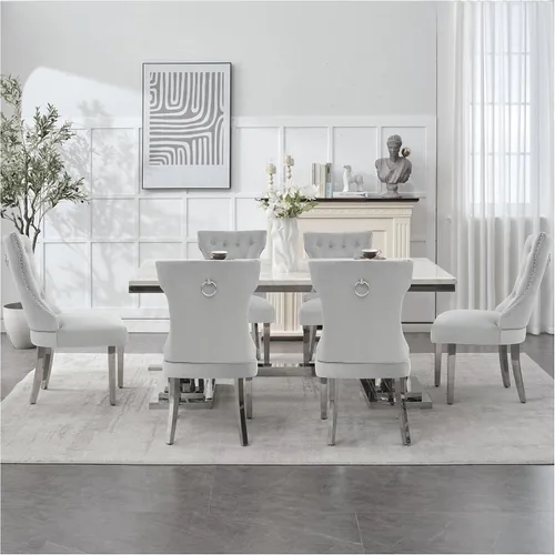 Miniatura 42 de adochr Juego de 2 sillas de comedor de terciopelo, sillas de cocina tapizadas con patas de metal, respaldo abotonado moderno con anillo de tracción