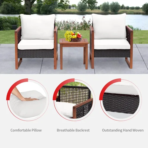 Miniatura 7 de Juego de muebles de patio de 3 piezas de madera de acacia para patio, juego de sillas de conversación al aire libre con cojines resistentes al agua