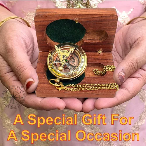 Miniatura 2 de Reloj de sol hecho a mano con botón de dirección con cadena y caja de madera, reloj de sol de bolsillo de brújula de latón, regalo de bautismo