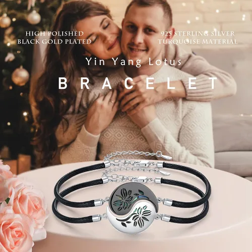 Miniatura 6 de Yin Yang - Pulsera de plata de ley 925 para parejas, árbol de la vida, luna de sol, montaña, abulón de loto, joyería para mujeres, hombres, parejas