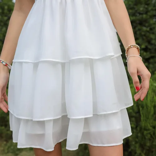 Miniatura 8 de Byinns Vestido corto sin mangas con cuello cuadrado para mujer, cintura alta, espalda descubierta, escalonado, tirantes fruncidos, casual, corto