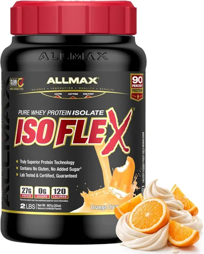 AllMax Nutrition ISOFLEX Proteína aislada de suero, Sabor a Naranja y Crema - 2 lb (907 g) - 27 Gramas de Proteína por Cucharada - Cero Grasa y