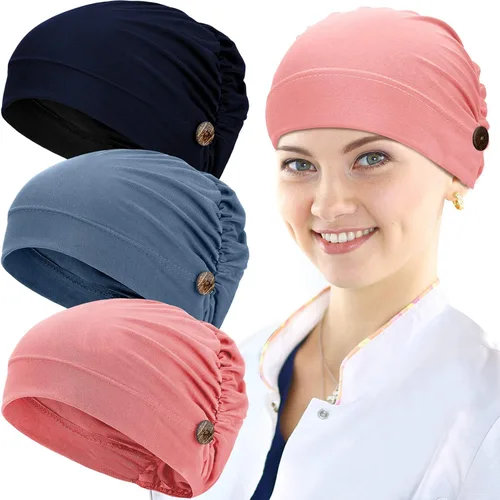 Miniatura 15 de Geyoga Gorras Bouffant con botones, unisex, elástica, turbante con botones para mujer, 3 piezas, Negro, Talla única