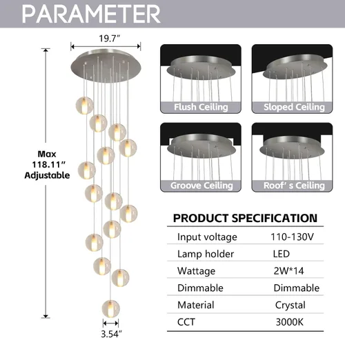 Miniatura 5 de Lámpara de escalera de 14 luces para techo alto, lámpara colgante de gota de lluvia de cristal moderno ajustable larga y grande para escaleras, sala