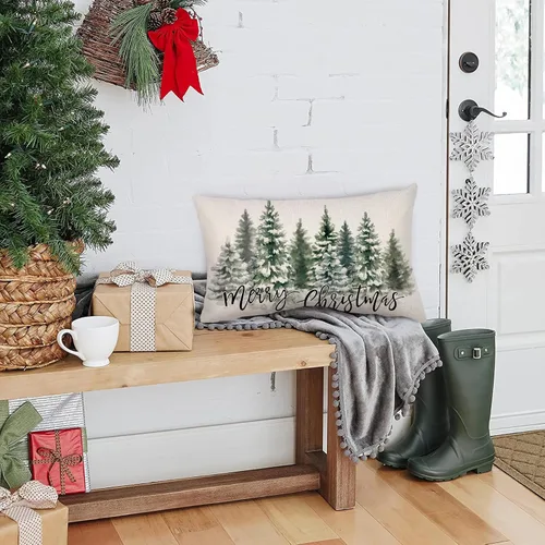 Miniatura 5 de Fundas de almohada de árboles de Navidad de 12 x 20 pulgadas, funda de almohada lumbar verde para decoración de Navidad, acuarela, funda de almohada