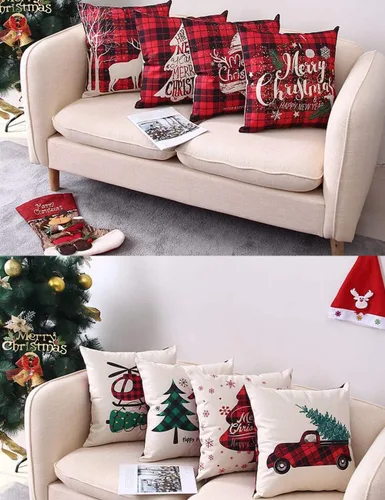 Miniatura 4 de Juego de 4 fundas de almohada navideñas a cuadros de búfalo de 18 x 18 pulgadas, decoración de almohada de lino y algodón rojo beige para decoración