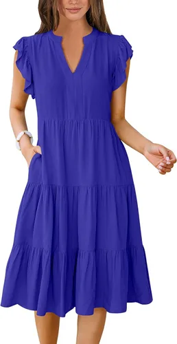 Miniatura 22 de ANRABESS Vestido de verano para mujer, manga con volantes, cuello en V, vestido midi a la moda, casual, holgado, escalonado, bohemio, playa