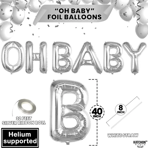 Miniatura 3 de KatchOn, Globo plateado Oh Baby de 16 pulgadas Globos plateados de Oh Baby para decoraciones de revelación de género Cartel de Oh Baby