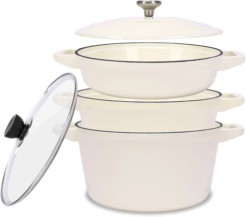 QuliMetal Juego de 5 piezas de hierro fundido esmaltado, juego de utensilios de cocina apilables de 10" que ahorran espacio, horno holandés, sartén,