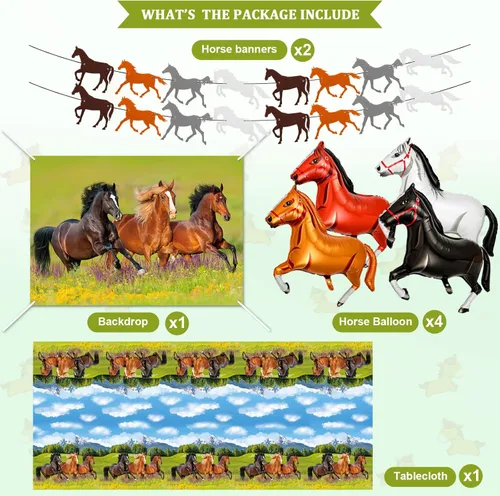 Miniatura 2 de 8 piezas de suministros de decoración de fiesta de cumpleaños de caballo, incluye guirnalda de caballos, pancartas de papel, manteles de plástico