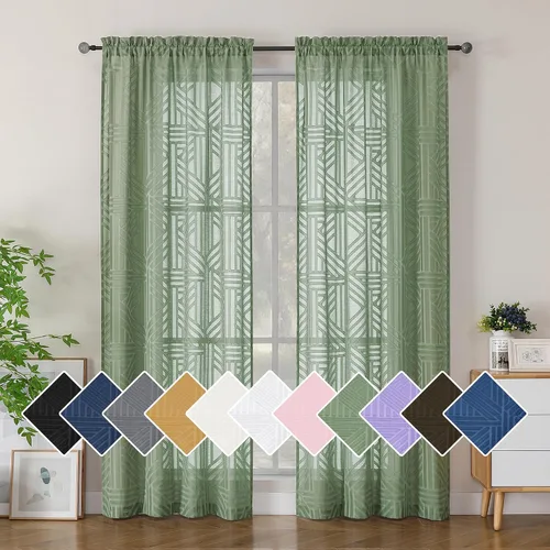 Miniatura 71 de Simplebrand Cortinas traslúcidas negras de cocina de 24 pulgadas de largo, 2 paneles, filtrado de luz, geométrico jacquard con textura, cortinas