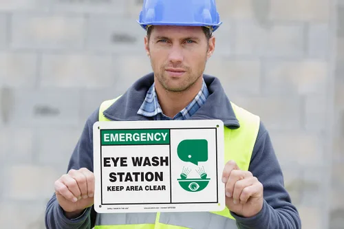 Miniatura 2 de Accuform Signs MFSD928VP Señal de seguridad de plástico, leyenda "EMERGENCY EYE WASH STATION KEEP AREA CLEAR" con gráfico, 7" de longitud x 10