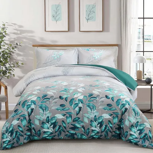 Miniatura 14 de DJY Juego de edredón de color morado, tamaño King, edredón de hojas botánicas para cama King, juego de edredón reversible floral de 3 piezas, juego