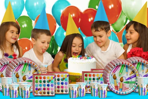 Miniatura 7 de Juego de suministros de fiesta de cumpleaños para pintura de artista, platos, servilletas, tazas, kit de vajilla artística para 16