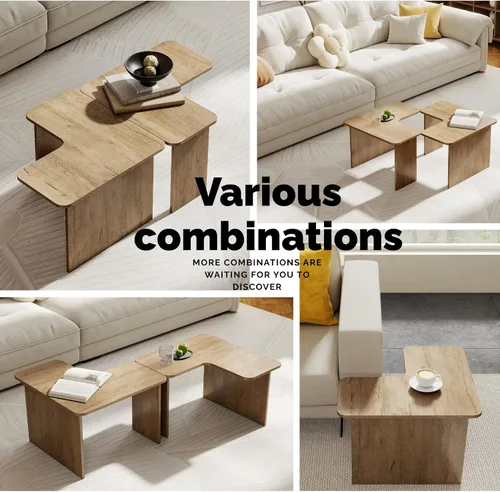 Miniatura 4 de Juego de 2 mesas de centro anidables modernas, de madera natural, en forma de L, para sala de estar, mesa auxiliar pequeña con mesa central ligera