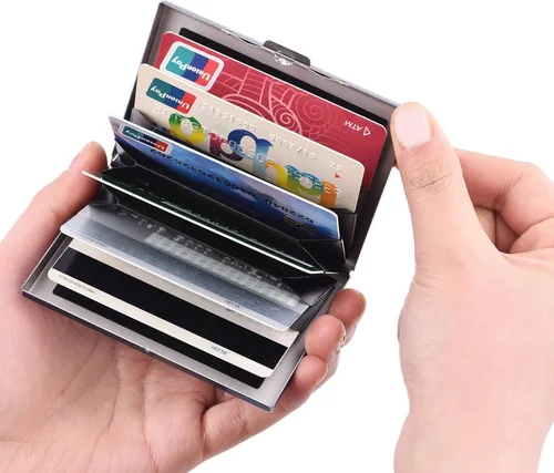 Miniatura 47 de BONSYL® Soporte para tarjetas de crédito, cartera delgada de metal con bloqueo RFID, con 6 ranuras para tarjetas, para mujeres y hombres.