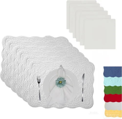 Miniatura 8 de Juego de 4 manteles individuales acolchados de algodón con servilletas a juego, manteles de mesa y servilletas de tela 100% algodón, juego de 8