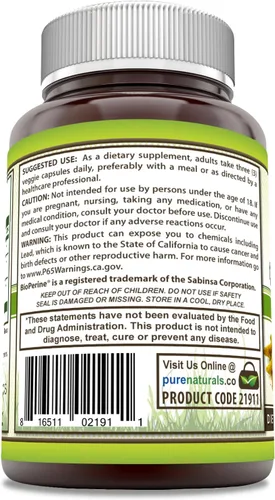 Miniatura 3 de Pure Naturals Curcumina de cúrcuma con bioperina 2250 mg por porción suplemento Cápsulas vegetales Sin OMG Sin gluten Fabricado en Estados