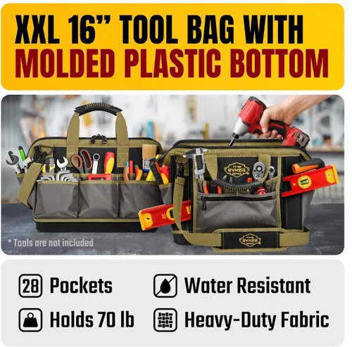 Miniatura 2 de Bolsa de herramientas grande Ryker de 16 pulgadas, organizador de bolsa de herramientas resistente para hombres/mujeres, 28 bolsillos, bolsas