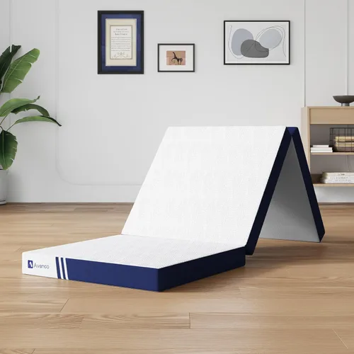 Avenco Cubrecolchón de espuma viscoelástica de tres pliegues de 4 pulgadas, colchón plegable portátil individual con funda extraíble lavable, diseño