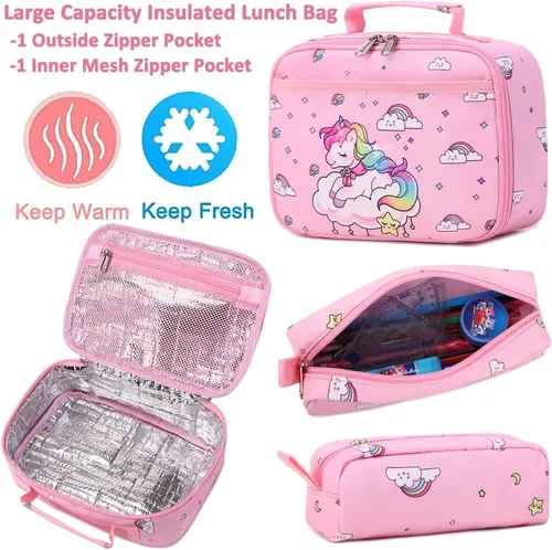 Miniatura 13 de Juego de mochila para niñas y adolescentes, mochila escolar para niños con bolsa para el almuerzo, estuche para lápices, mochilas escolares