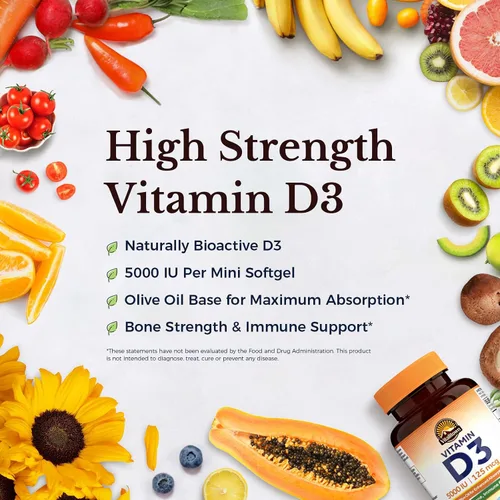 Miniatura 3 de Vitalitown Vitamina D3 125 mcg (5000 UI) de alta potencia para apoyo a la salud ósea, dientes, corazón e inmunológico, a base de aceite de oliva