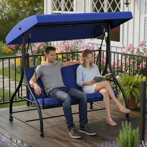 Miniatura 8 de Cama columpio para porche de 3 asientos con toldo ajustable y cojines extraíbles, marco de acero resistente, columpio para patio al aire libre, Azul