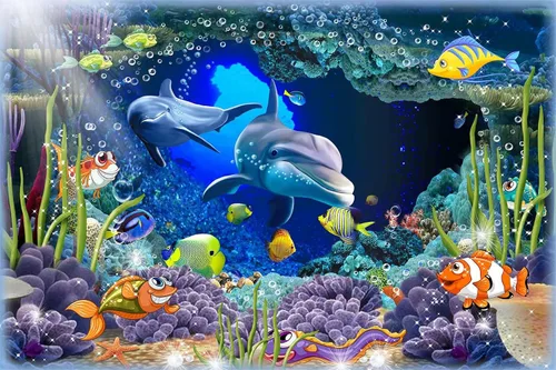 Miniatura 2 de Fondos de pantalla de flora y fauna del lecho marino, murales de pared de delfines y peces marinos nadando libremente, grandes murales de arte