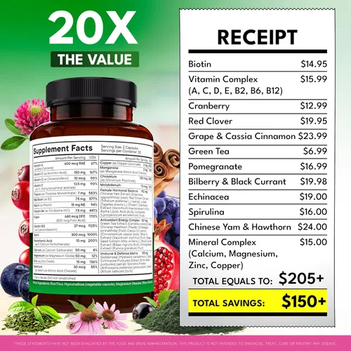 Miniatura 5 de NEW AGE Multivitamínico para mujer, complejo B, alimentos integrales, soporte para el cabello, hierro, multivitamínico todo en 1 para mujer