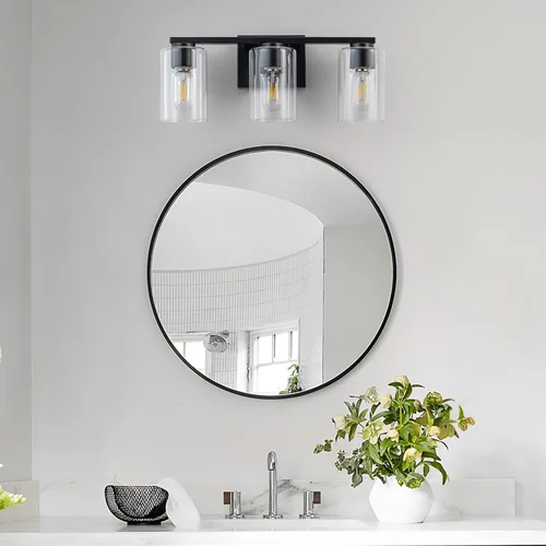 Miniatura 3 de WILON Lámpara de tocador de baño, 3 luces de tocador modernas de color negro claro con apliques de pared de vidrio transparente con vidrio