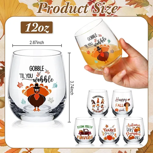 Miniatura 3 de Zhehao 12 vasos de vino sin tallo de Acción de Gracias de 12 onzas, vasos de calabaza y pavo, vasos de vacaciones, regalos ideales para otoño