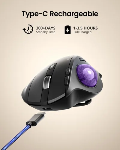 Miniatura 7 de ProtoArc Ratón Trackball Inalámbrico, EM01 NL Ergonómico Bluetooth Rollerball Pulgar Recargable Ratón de Computadora Portátil, Ángulo Ajustable