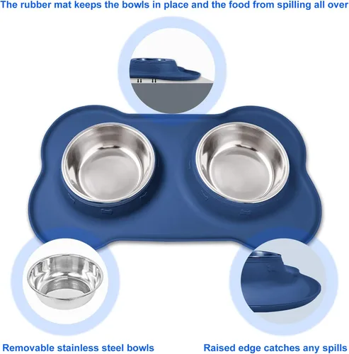 Miniatura 2 de AsFrost Tazones de Comida para Perros de Acero Inoxidable, Juego de Tazones de Comida y Agua para Perros, Tazones para Perros Sin Derrames con Azul