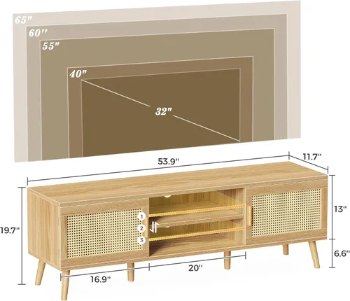 Miniatura 7 de SUPERJARE Soporte de TV bohemio para TV de 65 pulgadas, centro de entretenimiento con estante ajustable, consola de TV de ratán con 2 gabinetes