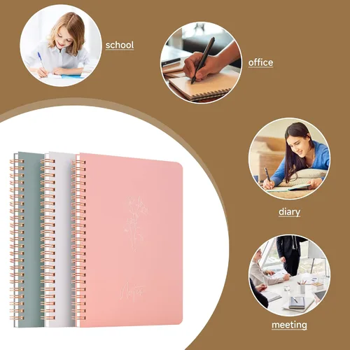 Miniatura 7 de Paquete de 3 Cuadernos Espirales - Papel Liso Sin Traspaso de 100GSM, 120 Páginas A5 de 8.26x5.7 Pulgadas, Páginas Rayadas de 7mm, Bolsillo