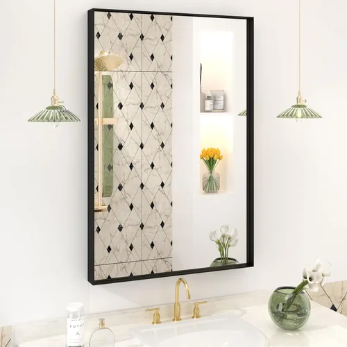 Miniatura 89 de Paquete de 2 espejos de baño con marco de metal negro de 22 x 30 pulgadas, espejo rectangular redondeado negro mate, antioxidante, se cuelga