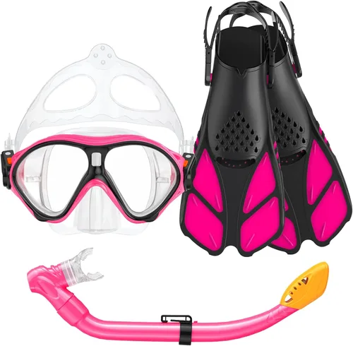 Miniatura 8 de Seovediary Juego de esnórquel para niños, máscara, aletas, equipo de esnórquel para niños, gafas de natación antiniebla con vista panorámica de 180