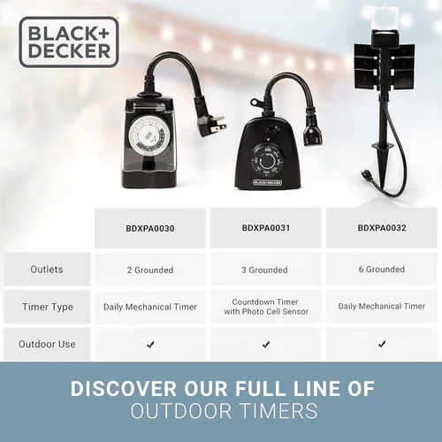 Miniatura 3 de BLACK+DECKER Temporizador de jardín con 6 tomas de tierra - Temporizador de salida impermeable con intervalos de 30 minutos para luces, herramientas
