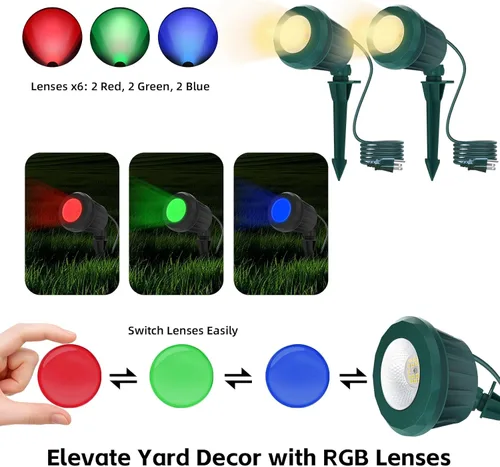 Miniatura 2 de Foco para exteriores – Enchufe de 120 V, 2700 K, luces LED de paisaje blanco cálido con 3 lentes RGB para patio, jardín, césped y decoración