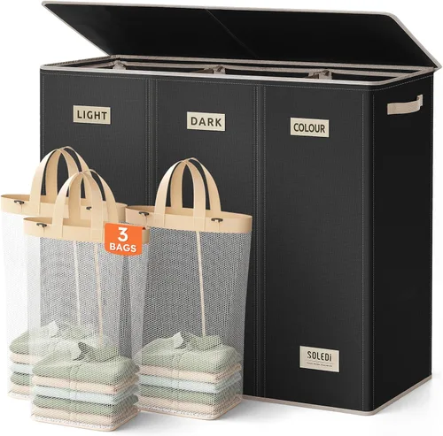 Miniatura 15 de SOLEDI Cesta de ropa sucia de 180L de 3 secciones, cesta de ropa sucia extra grande con tapa, cesta de ropa sucia con asa resistente, organizador