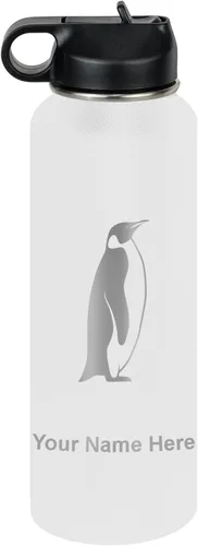 Miniatura 55 de LaserGram Botella de agua personalizada, pingüino, acero inoxidable de doble pared aislada al vacío con popote superior, regalo grabado