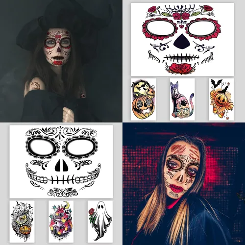 Miniatura 2 de 50 piezas de tatuajes faciales de broma de Halloween para adultos, mujeres y hombres, 10 calcomanías de terror para Halloween, 40 piezas de tatuajes