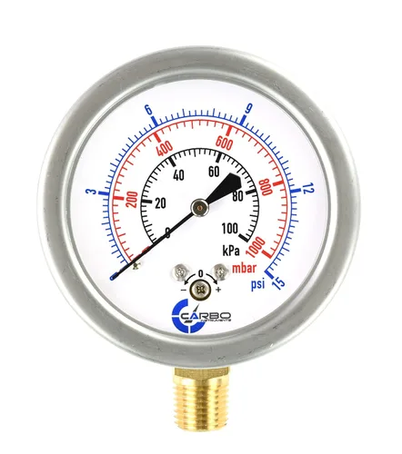 Miniatura 10 de Diafragma baja presión cápsula manómetro, 2-1/2" dial, 0-8 oz/0-15in H2O Rango, 1/4" NPT montaje inferior, caja de acero inoxidable, latón internos