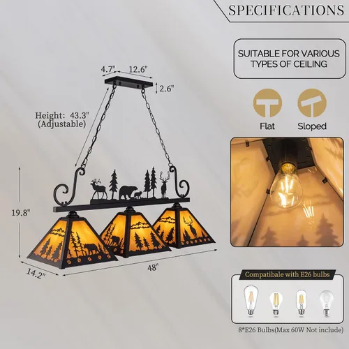 Miniatura 5 de TOCHIC Tiffany - Lámpara de mesa de billar, 3 luces vintage para comedor, cocina, isla de cocina, lámpara de mesa rústica para sala de juegos, sala