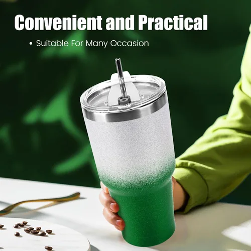 Miniatura 5 de D·S Vaso de 30 onzas con purpurina verde de Navidad con gradiente de acero inoxidable de doble pared aislada al vacío con popote y tapa, cepillo