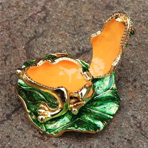Miniatura 5 de Waltz&F - Joyero con bisagras decorativas y diseño de rana de diamante verde de loto pintado a mano, regalo único para decoración del hogar