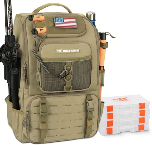 KastKing KarryAll - Mochila para aparejos de pesca con soporte para caña, 4 cajas de aparejos, bolsa de aparejos de 40/26L, almacenamiento de equipo