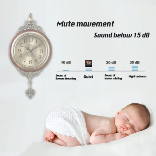 Miniatura 7 de Reloj de pared de péndulo, movimiento de cuarzo a pilas, silencioso sin tictac, reloj de madera grande de metal antiguo, para decoración del hogar